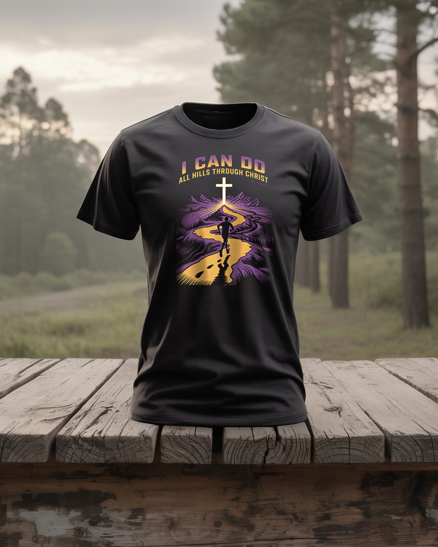 I Can Do All Hills Through Christ Tee, Christian Runner T-Shirt, Philippians 4:13, Cross Country XC Gift, Faith Based Athletic Shirt