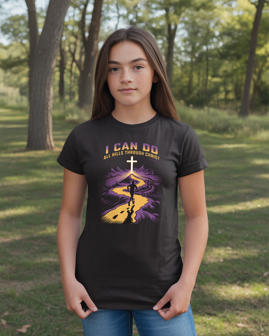 I Can Do All Hills Through Christ Tee, Christian Runner T-Shirt, Philippians 4:13, Cross Country XC Gift, Faith Based Athletic Shirt