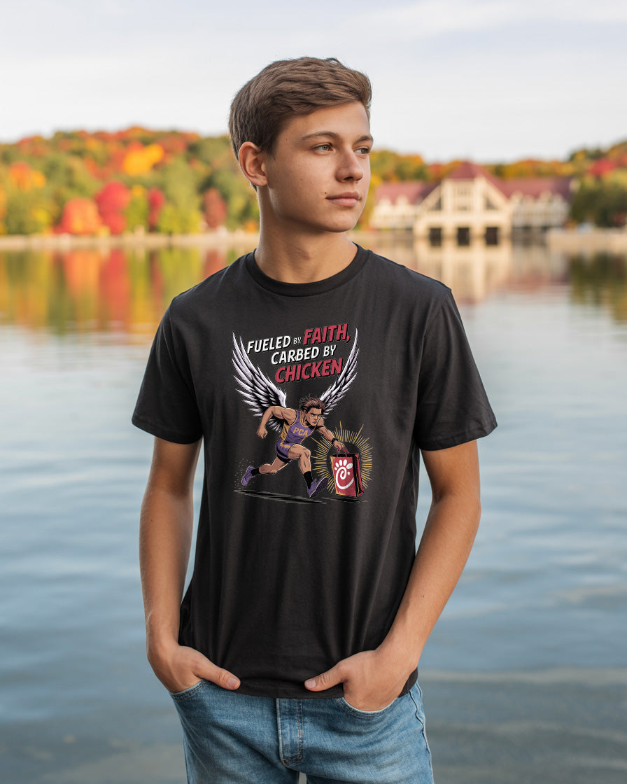 Fueled by Faith, Carbed by Chicken T-Shirt | Funny Christian Runner Tee