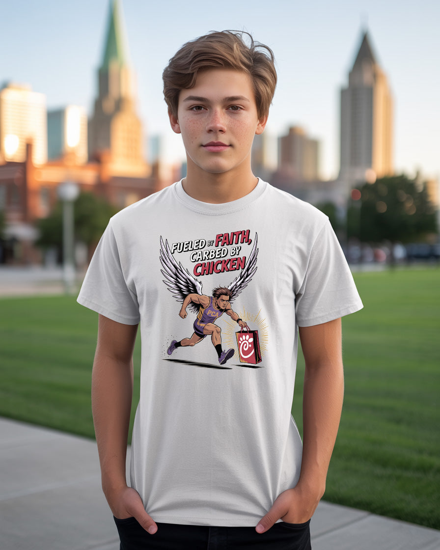 Fueled by Faith, Carbed by Chicken T-Shirt | Funny Christian Runner Tee