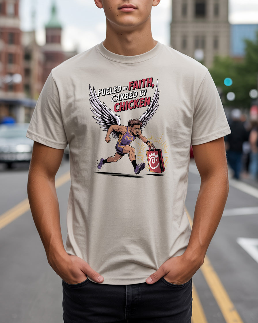 Fueled by Faith, Carbed by Chicken T-Shirt | Funny Christian Runner Tee