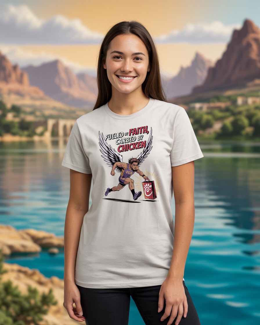 Fueled by Faith, Carbed by Chicken T-Shirt | Funny Christian Runner Tee