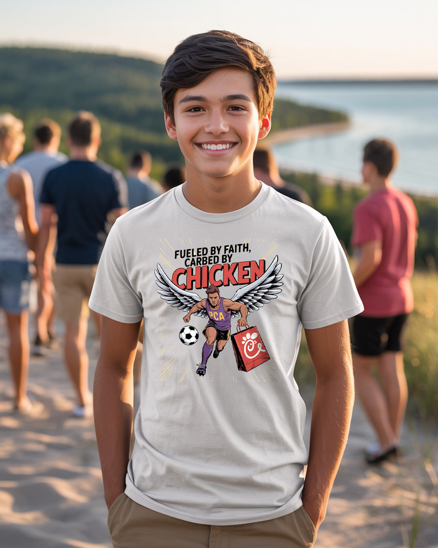 Fueled by Faith, Carbed by Chicken Soccer T-Shirt | Funny Christian Soccer Tee