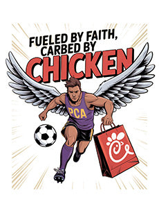 Fueled by Faith, Carbed by Chicken Soccer T-Shirt | Funny Christian Soccer Tee