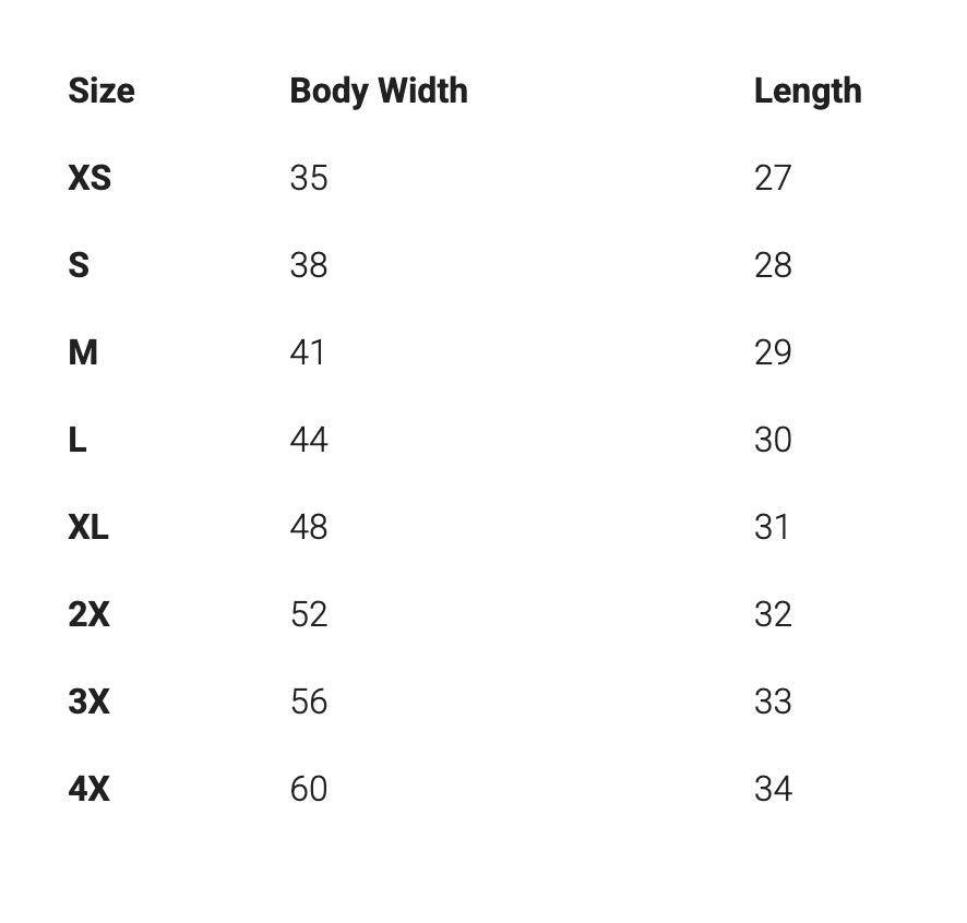 Size chart for clothing with body width and length measurements.