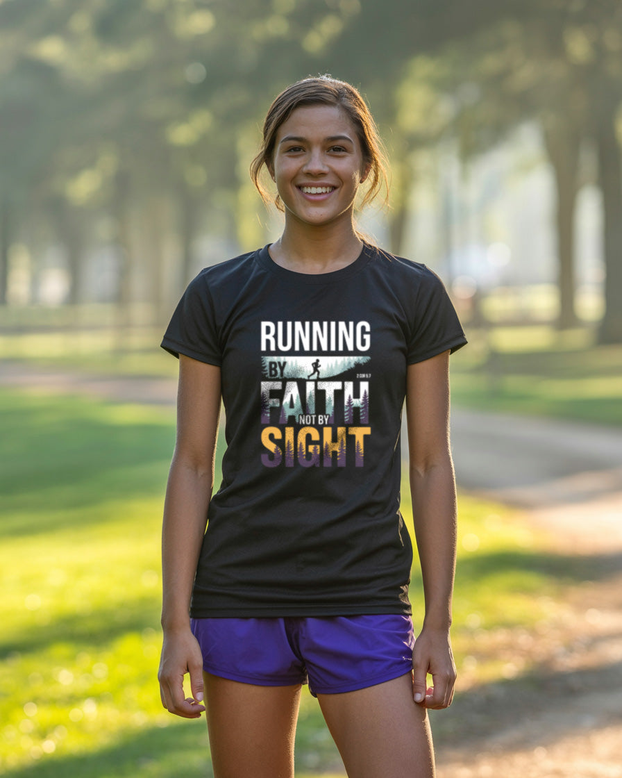 Running by Faith Not by Sight T-Shirt | Christian Cross Country Tee