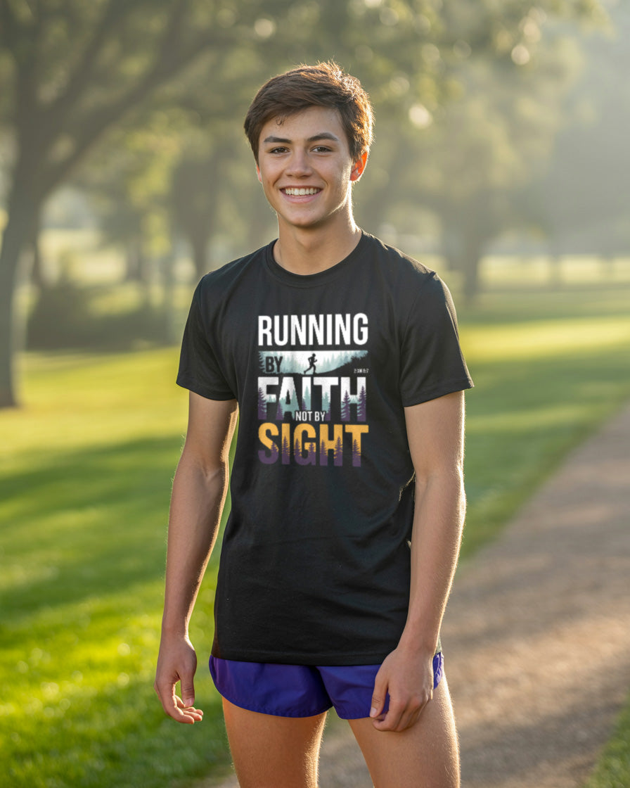 Running by Faith Not by Sight T-Shirt | Christian Cross Country Tee
