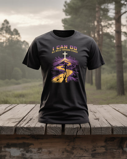 I Can Do All Hills Through Christ Tee, Christian Runner T-Shirt, Philippians 4:13, Cross Country XC Gift, Faith Based Athletic Shirt