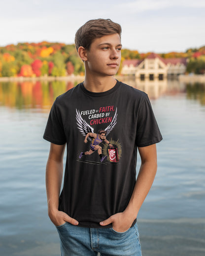 Fueled by Faith, Carbed by Chicken T-Shirt | Funny Christian Runner Tee