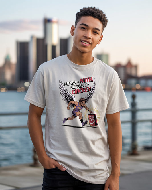 Fueled by Faith, Carbed by Chicken T-Shirt | Funny Christian Runner Tee