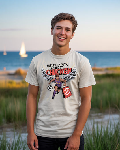 Fueled by Faith, Carbed by Chicken Soccer T-Shirt | Funny Christian Soccer Tee