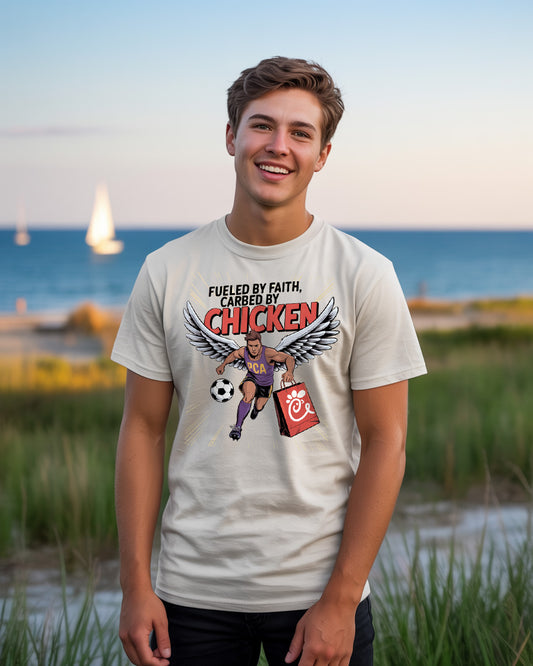 Fueled by Faith, Carbed by Chicken Soccer T-Shirt | Funny Christian Soccer Tee