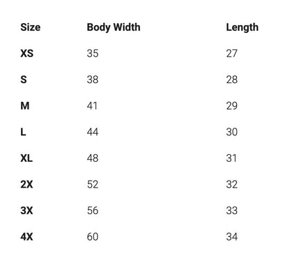 Size chart for clothing with body width and length measurements.