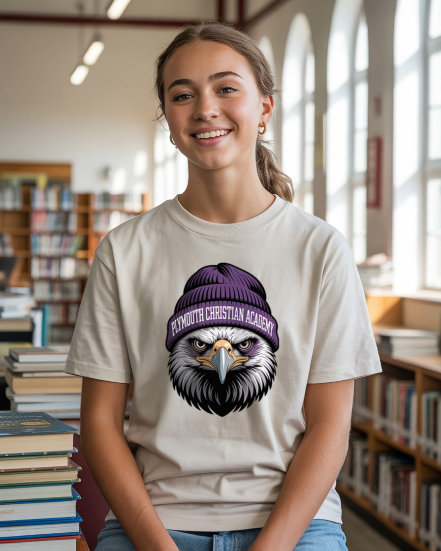 Plymouth Christian Academy Eagles Spirit T-Shirt - Urban Eagle wearing a Beanie Design