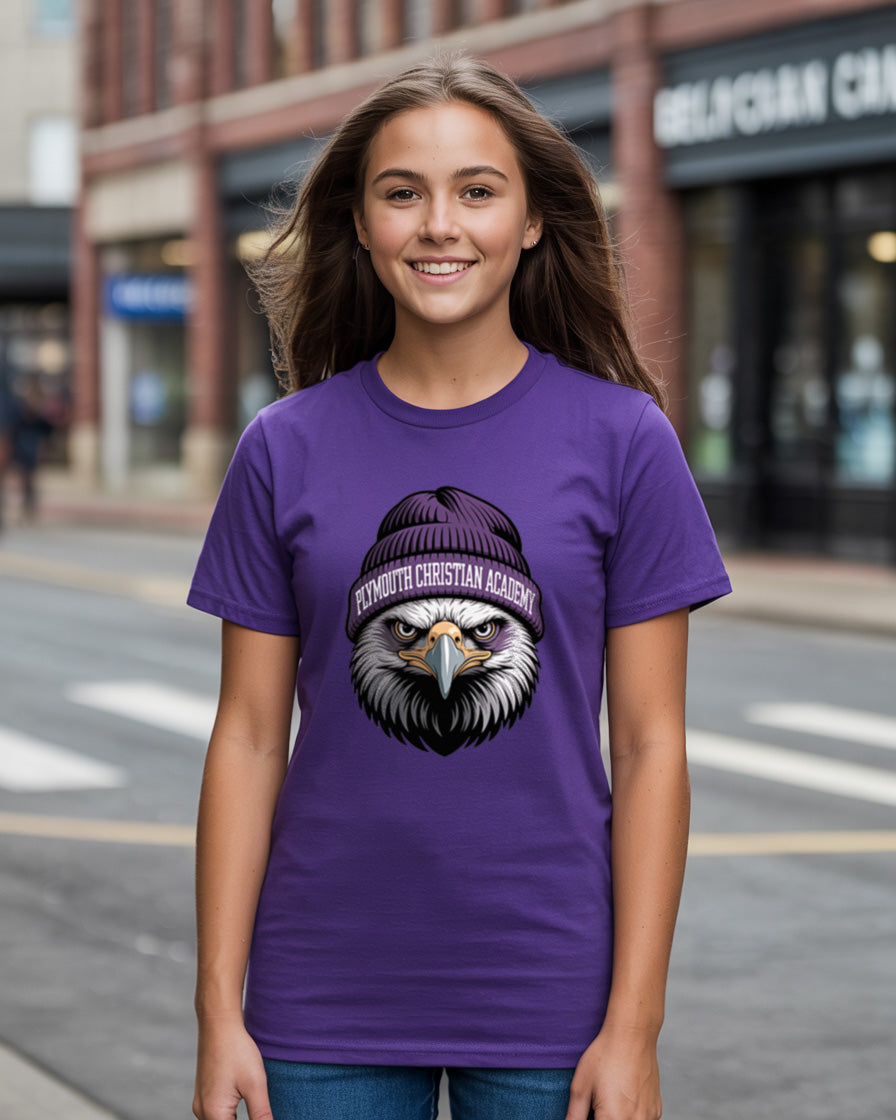Plymouth Christian Academy Eagles Spirit T-Shirt - Urban Eagle wearing a Beanie Design