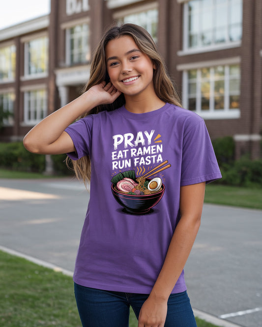 "Pray, Eat Ramen, Run Fasta" T-Shirt