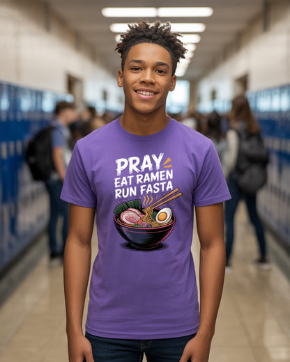 "Pray, Eat Ramen, Run Fasta" T-Shirt